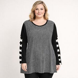 Calessa Tunic Blouse Womens 1X Plus Black White Polka Dot Long Bow Sleeve Top